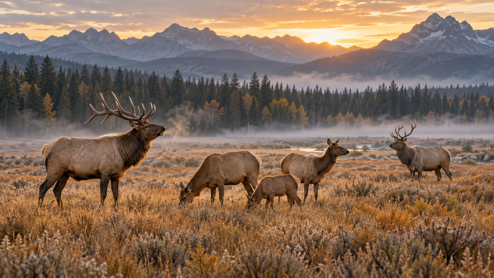 Illustrated elk herd in a misty autumn meadow